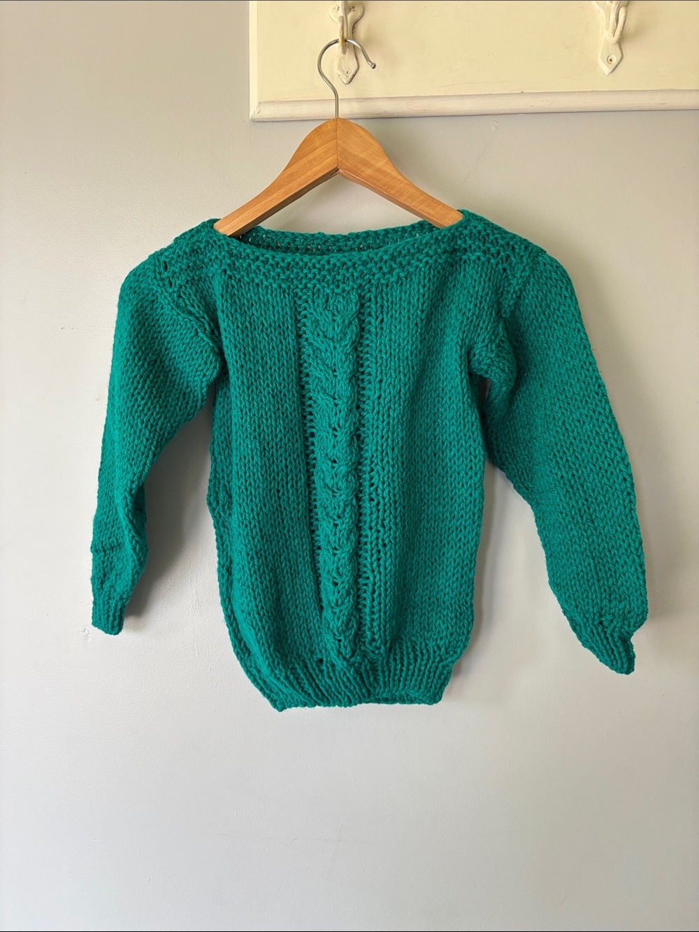 Handknit Teal Cable Knit Wool Blend Sweater Kids 5T 6 Cottagecore Cozy